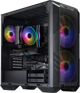 A gaming computer rig with RGB lights.